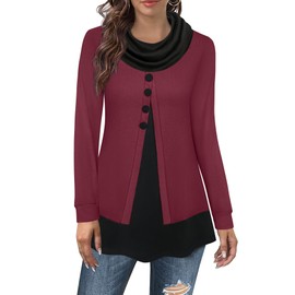 Datuhao Tunic Women's Long Sleeve Elegant 2 in 1 Pullover Long Sweatshirt Shawl Collar Patchwork Jumper, darkred