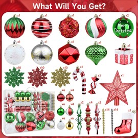 Christmas Tree Ornaments - 113PCS Christmas Tree Decoration Set, Red Green White Gold Silver Christmas Ball Shatterproof Hanging Xmas Tree Ornament Assortment Set