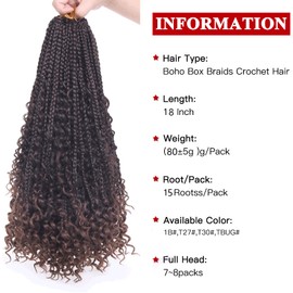 Xtrend 18 Inch Goddess Box Braids Crochet Hair 8Packs Ombre Brown Boho Box Braids with Curly Ends Crochet Braids Synthetic Braiding Hair Extension 15Strands/Pack T30#