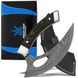 BE BREAK EDGE Handcrafted Damascus Steel Ulu Knife with Green and Black Micarta Handle, Curved Blade- Slicing Meat & Herbs Knife-Father Mother Christmas Gift