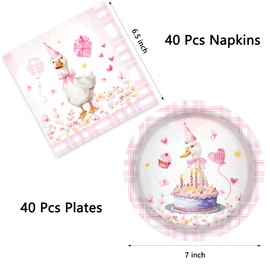 80PCS One Silly Goose Birthday Party Supplies – Pink Gingham 7" Disposable Plates & 40pcs Napkins for 40 Guests Goose Theme Tableware for 1st Birthdays,Baby Showers,Kids Parties & Themed Celebrations