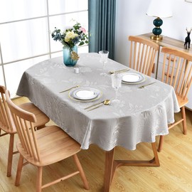Wolkemer Shiny Small Oval Jacquard Tablecloth 52 x 70 Inch Grey Floral Countryside Leaves Damask Patterns Table Cloth Glossy Fabric Table Cover for Dinner Kitchen