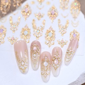 5D Embossed Gemstone Nail Stickers Gold Nail Art Stickers Decals with Baroque Mace Design Nail Stickers for Nail Art Baroque Style Self-Adhesive Manicure Decoration for Women Nails Supplies