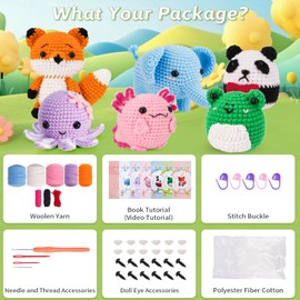 Crochet Kit For Beginners, Beginner Crochet Kit For Kids and Adults, 6 Pcs Crochet Animal Kits with Step-by-Step Video Tutorials,DIY Crochet starter Kit ,Easy Knitting Set for Beginners (40%+ Yarn)