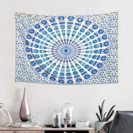 Hulnulnu Blue Sky Mandala Tapestry Wall Hanging Boho Bohemian Wall Hanging Cotton Tapestries for Bedroom Living Room Decor