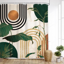 Glawry Extra Long Shower Curtain 72Wx84L Inches Boho Abstract Mid Century Green Tropical Palm Tree Bathroom Minimalist Modern Aesthetic Geometric Bath Accessories Art Home Decor Fabric 12 Pack Hooks