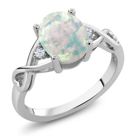 Gem Stone King 925 Sterling Silver Oval Cabochon White Simulated Opal and White Topaz Women Ring (0.65 Cttw, Gemstone Birthstone, Available In Size 5, 6, 7, 8, 9)