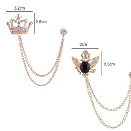 Zaky 3 Pcs Men's Golden Silver Crown With Hanging Chain Brooch, Lapel pin, lapel pins for men Suit Pin Vintage Chain Brooch Suit Shirts Accessories