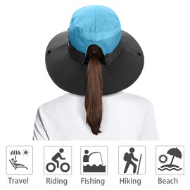 2 Pieces Womens Ponytail Wide Brim Sun Hat Packable UV Protection Beach Cap for Fishing & Hiking (Pink& Sky Blue)