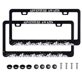Xiaren Adventure Awaits License Plate Frames,2 Packs Aluminum Mountains Car Tag Holder Cover with Screws and Caps Fits US Standard License Plates 12.2 x 6.3, AD.AWAIT-NARROWframe