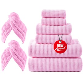 COZYART Lint Free Towel Sets 8 Pcs Pink, 500GSM, Super Soft, Absorbent & Quick Dry Microfiber 3D Bubble Bathroom Daily Use Set with 2 Bath Towels, 2 Hair Towels, 2 Hand Towels, 2 Washcloths