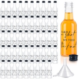 Bokon Mini Wedding Liquor Bottles Take a Shot We Tied The Knot Shot Glasses for Guests 1.7 Fl Oz/ 50 ml Plastic Reusable Empty Bottle with Cap Funnel Acrylic Shot Bottles for Bridal Party (50 Pcs)
