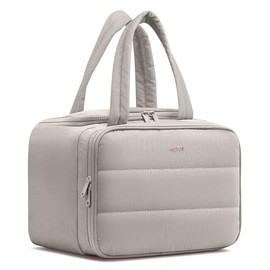 HOTOR Travel Toiletry Bag - Wide-Open Toiletry Bag for Women, Multi-Pocket Makeup Bag for Travel Essentials, Wet & Dry Separation Travel Accessories for Trip, Gym, 11.4" x 5.9" x 8.3", Light Taupe