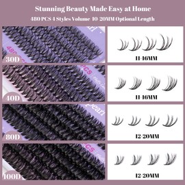Ocean Pearl Cluster Lashes 480PCS 11-20mm Individual Lashes 30D+40D+80D+100D Eyelashes Clusters DIY Cluster Eyelash Extensions Thick Volume Lashes Natural Soft Cluster Lash Extension at Home