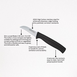 Paring Knife 2.5 Inch - MATTSTONE HILL Bird's Beak Paring Knife, For Peeling and Paring Fruits and Vegetables, Slim Blade, Premium Stainless Steel, Semi Soft Handle, Black