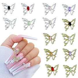 14Pcs Butterfly Nail Charms Gold Silver 3D Butterfly Hollow Out Alloy Nail Rhinestones Glitter Laser Black White Red Pink Nail Design Charms Spring Nail Jewelry Supplies for Women Acrylic Nails DIY