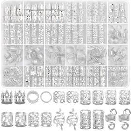 Lucomb 220 Pcs Silver Hair Jewelry for Braids, Loc Jewelry for Hair Dreadlock, Hair Charms for Women, Metal Silver Braids Rings Cuffs Clips for Dreadlock Accessories Hair Braids Jewelry Decorations