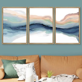 SIGNWIN Framed Canvas Print Wall Art Set Pastel Watercolor Teal Brown Paint Stroke Landscape Abstract Shapes Illustrations Modern Art Decorative for Living Room, Bedroom, Office - 16"x24"x3 Natural