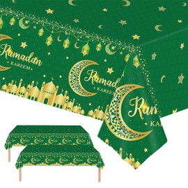 Green Gold Eid Mubarak Tablecloths 137*274cm Ramadan Mubarak Table Cover,2pcs Moon&Star Rectangular Plastic Disposable Tablecover for Ramadan Umrah Mubarak Islam Muslim Home Room Dinning Table Decor