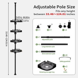 shuang qing 360° Rotating Corner Shower Caddy Tension Pole Organizer - 4-Tier Adjustable Rustproof Metal Pole, Plastic Shelves with Safety Guardrail, Bathroom Storage for Shower & Bathtub(Black)