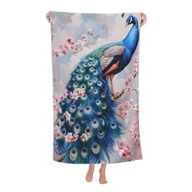 dhakalrlde Peacock & Cherry Blossom Beach Towel, Microfiber Quick Dry Oversized Sand Proof Lightweight Pool Detailed Art Towel for Women Adults Kids, Soft Absorbent Towels for Swim Travel 32×52 in
