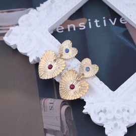 Cimenexe Bohemian Heart Earrings Gold Textured Heart Earrings Double Heart Earrings Colourful Crystal Heart Stud Earrings Jewellery for Women and Girls Gifts, Zinc, No Gemstone