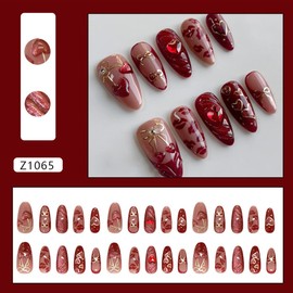 24Pcs Medium Almond Press on Nails French Tip Fake Nails Red Cherry Acrylic Nails Full Cover Gold Bow False Nails Gem Rhinestones Glue on Nails Stereo Heart Gem Design for Women Manicure Decorations