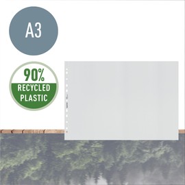 Leitz A3 Document Wallets, Pack of 25, Universal Punching, Matte Surface, 100 Micron Film Thickness, 100% Recyclable, Environmentally Friendly, Recycled Series, Colourless, 40190003, Black