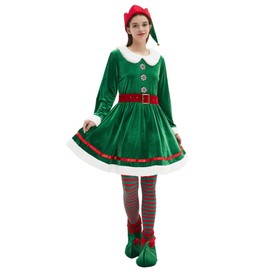 Kofero Elf Costume for Women Christmas Adult Plus Size Velvet Outfit Cozy Fancy Dress Santa Helper for Xmas Holiday Party