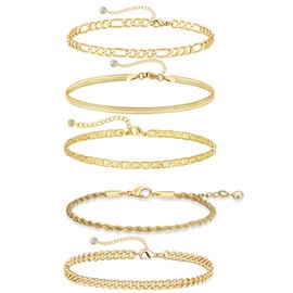 Gold Chain Bracelets Set for Women 14K Gold Plated Cute Dainty Tennis Beaded Bracelets for Women Cuban Link Paperclip Chain Anklet Bracelet Jewelry (C)