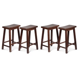 PJ Wood Classic Saddle-Seat 24" Tall Kitchen Counter Stools for Homes, Dining Spaces, and Bars w/Backless Seats, 4 Square Legs, Walnut (Set of 4)