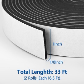 Self Adhesive Foam Tape Weatherstrip 1In x 1/8In x 33Ft High Density Foam Insulation Strips Foam Seal Weather Stripping with Strong Adhesive for Door and Window Sound Isolation Soundproofing