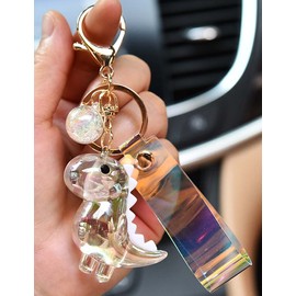 BattleTim Cute Iridescent Dinosaur Keychain Kawaii Dino Key Charm Shimmery Key Accessory Glittery Key Ring Lizard Holder Gold Keyring Design,White