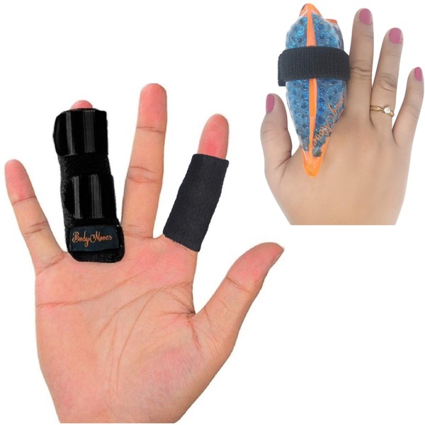 BodyMoves Férula de dedo más manga para desencadenante mazo roto del dedo después de la cirugía rehabilitación, Negro (Midnight black), 3 Count Set