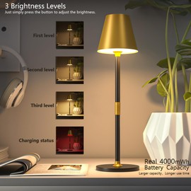 Timjorman Modern LED CordlessTable Lamp,4000mAh Rechargeable Battery Desk lamp,3 Level Brightness Night Light,Minimalist Design, for Couple Dinner/Coffee Table/Restaurant/Bedroom(Gold&Black)