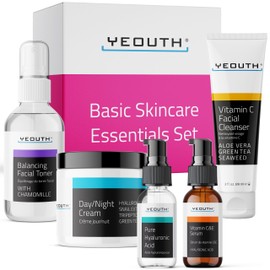 YEOUTH Skin Care Set: Hyaluronic Acid Serum for Face, Vitamin C Facial Serum, Face Cleanser, Toner & Cream, Hydrating Skin Care Kit 5-Piece