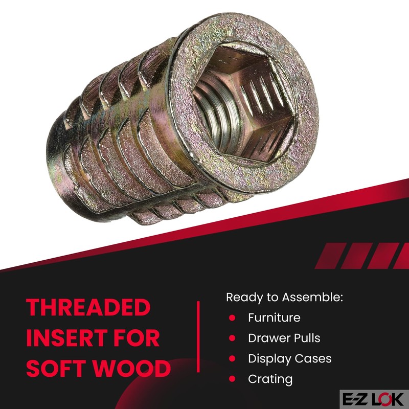 E-Z LOK Threaded Insert for Soft Wood, Zinc Hex-Flanged Thread