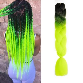 Braiding Hair Ombre Black to Yellow Green Braid Hair Extensions Hot Water Setting High Temperature Synthetic Fiber 24 Inches(B13-1Pack)