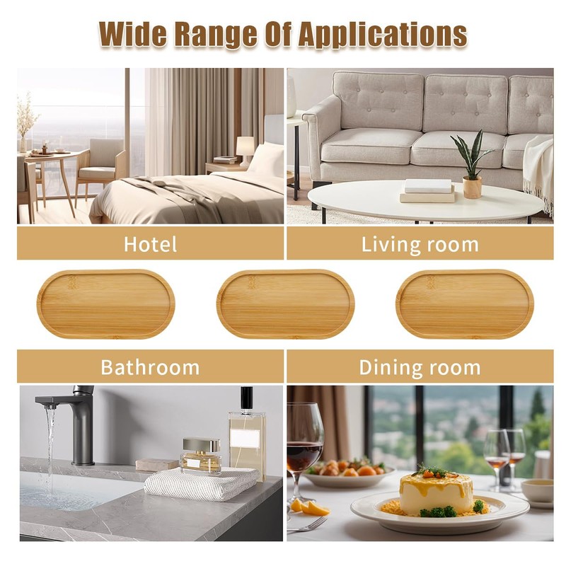 6 Pcs Bamboo Tray for Bathroom, Small Wooden Trays, Oval