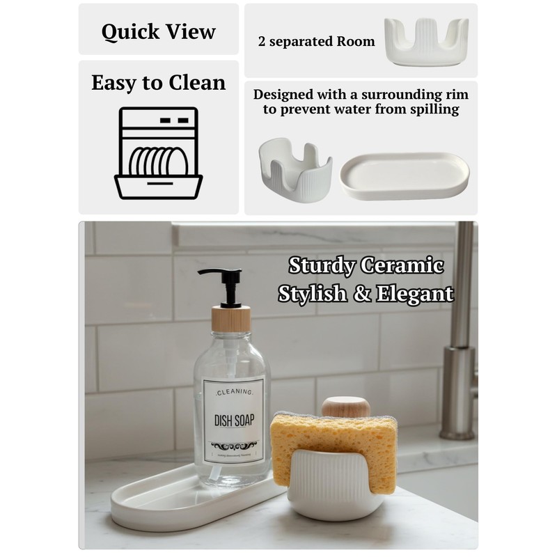 Ceramic Double Sponge Holder with Soap Tray, 2-Slot Countertop Sink