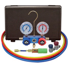 Mastercool 89661-UV Automotive R134a 2-Way Manifold Gauge Set with Mini Dye Injector – U.S. Designed, Assembled, and Tested – Includes 60" Hoses and Manual Couplers
