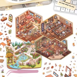 4Pcs DIY 3D Fun Mini House Sticker Scenes with Tweezers Make Your Own Sushi Restaurant Park Forest Inn Coffee Bakery Stickers Cute Micro Animal Room Craft Stickers for Relief Stress Pass The Time