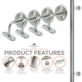 Pack of 4 Handrail Brackets for Stairs, Zinc Plated Banister Rail Brackets, Wall-Mounted Stair Rail Brackets for Stainless-Steel or Wooden Handrail, Heavy-Duty and Stylish Banister Rails Bracket