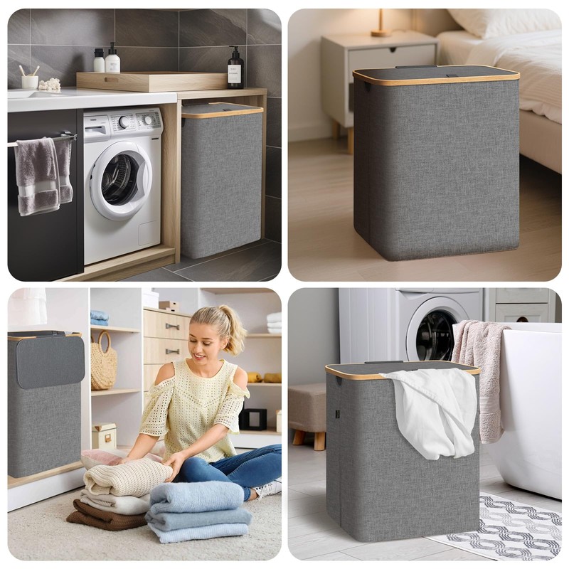 BALEINE Laundry Hamper with Lid, Tall Laundry Baskets with Bamboo