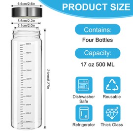 mekueeex 17Oz Glass Juice Bottles with Lids- 4 Pack Glass Shaker Bottles with Marking for Protein Mix,Juicing,Beverage,Water,Smoothies, Milk,Reusable Mason Jars