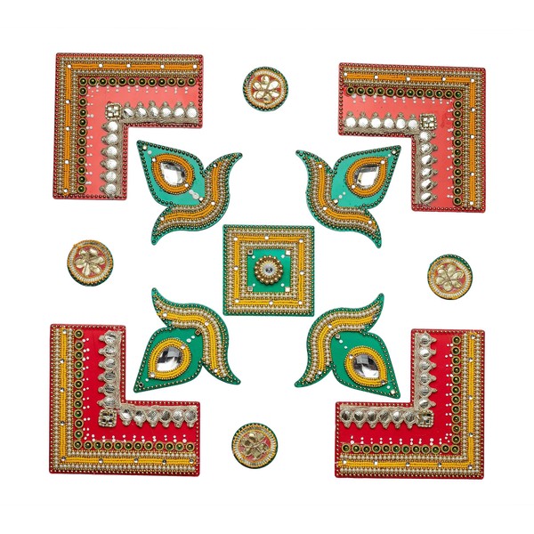 Decorative Red & Green Floor Rangoli Reusable Large Floor Rangoli Acrylic Rangoli Indian Traditional Home Decor Gift for Home Interior Floor Decoration Festival and Gifting (Size:- 17'' X 17")