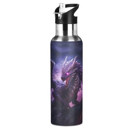 Dragon Purple Water Bottle Kids Insulated Thermos for Boys Girls Stainless Steel Straw Lid 20 oz Hot Cold Water Flask School Sport