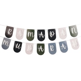 Green & White Ramadan Mubarak Banner Decorations - Bunting, Flags Hanging Decor for Home, Domes, Lanterns, Moon