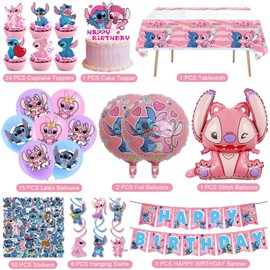 AIXPROBEAD Stitch Party Supplies, 101PCS Birthday Decorations Set Include Banner, Balloons, Stickers, Hanging Swirls, Cake Cupcake Toppers, Tablecloth for Girls Pink Stitch Theme Party