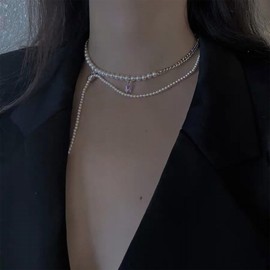 Allereya Vintage Layered Pearl Choker Necklace Silver Cz Pearl Necklace Pearl Crystal Necklace Wedding Pearl Pendent Necklace Jewelry for Women